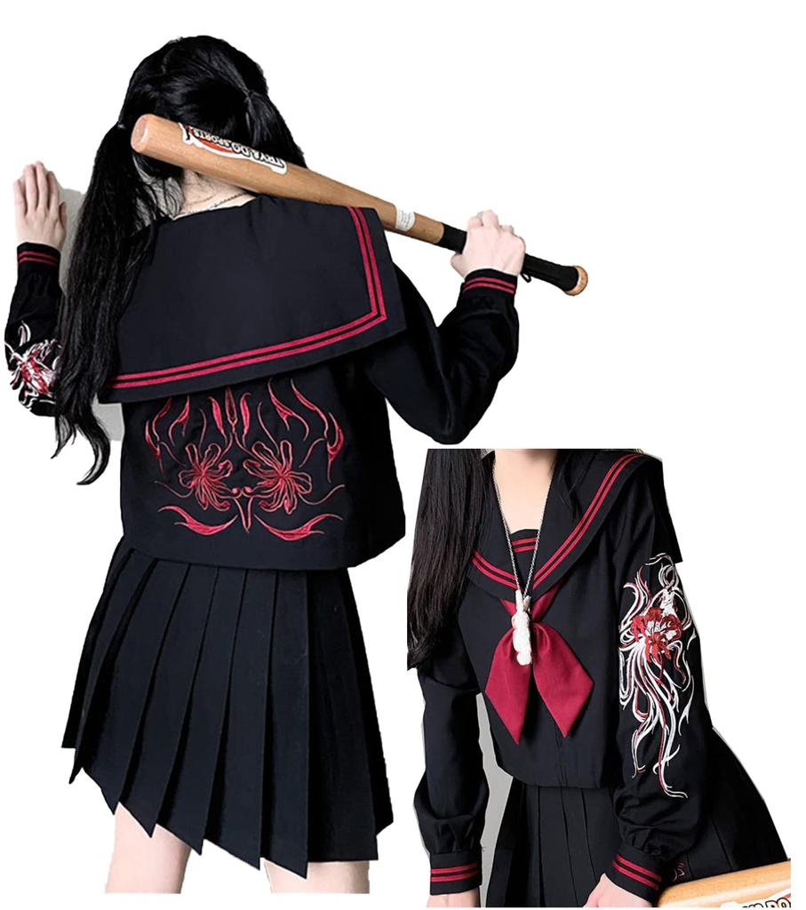 Nyanko Claw Barbie Dragon Sailor Long for Men and Long Cosplay Delinquent Dragon with High School Girl 4XL Blossom Uniform, Sleeves, Black, Women,