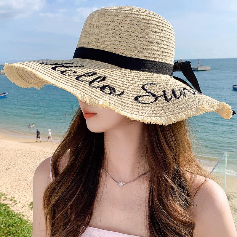 Summer Bow Sun Hat Female, Seaside Beach Vacation Sun Hat Outdoor Big Brim Sun Hat Sweet Straw Hat