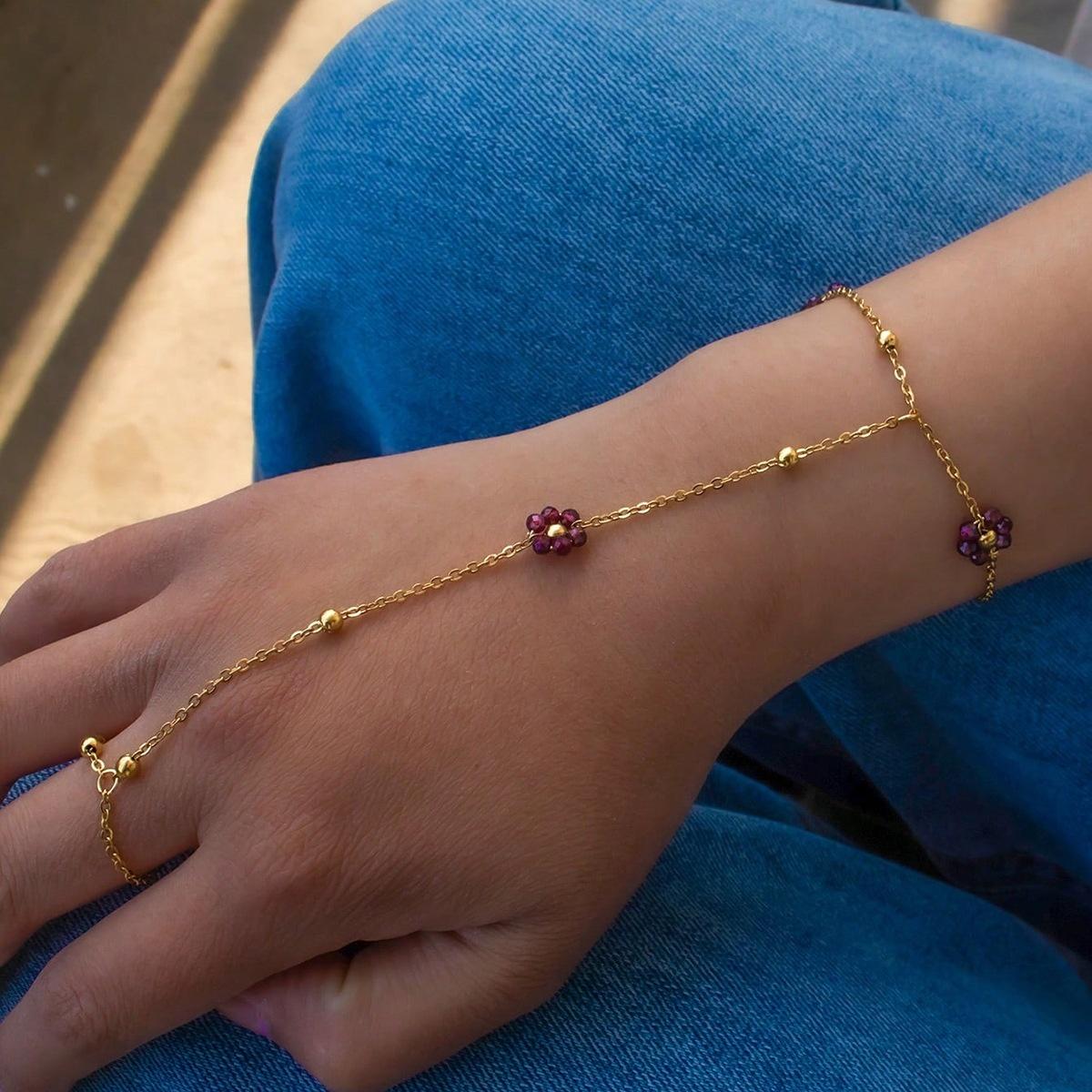 

Elegant Crystal Beaded Flower Stainless Steel Finger Chain Bracelets For Women Men Dainty Wedding Floral Ring Bangles Jewelry