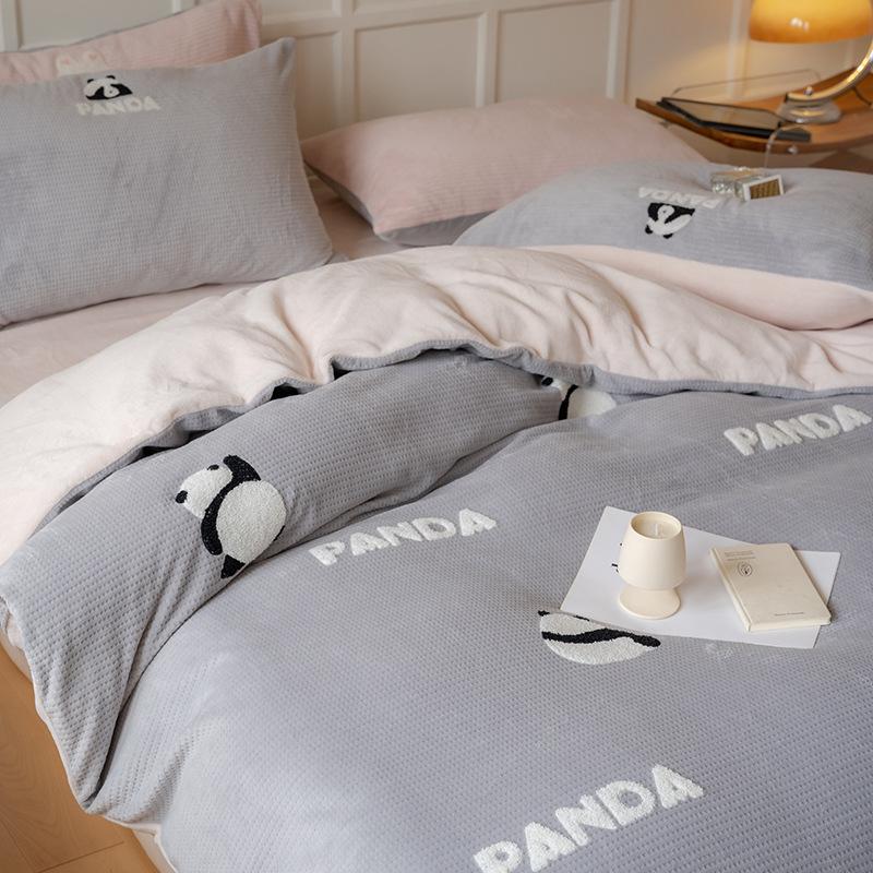 

Thickened Milk Fleece Waffle Embroidery Pink Rabbit Rabbit Bed Four-Piece Coral Fleece 1.5M1.8 1.2m 3pc/applicable 150x200cm quilt core