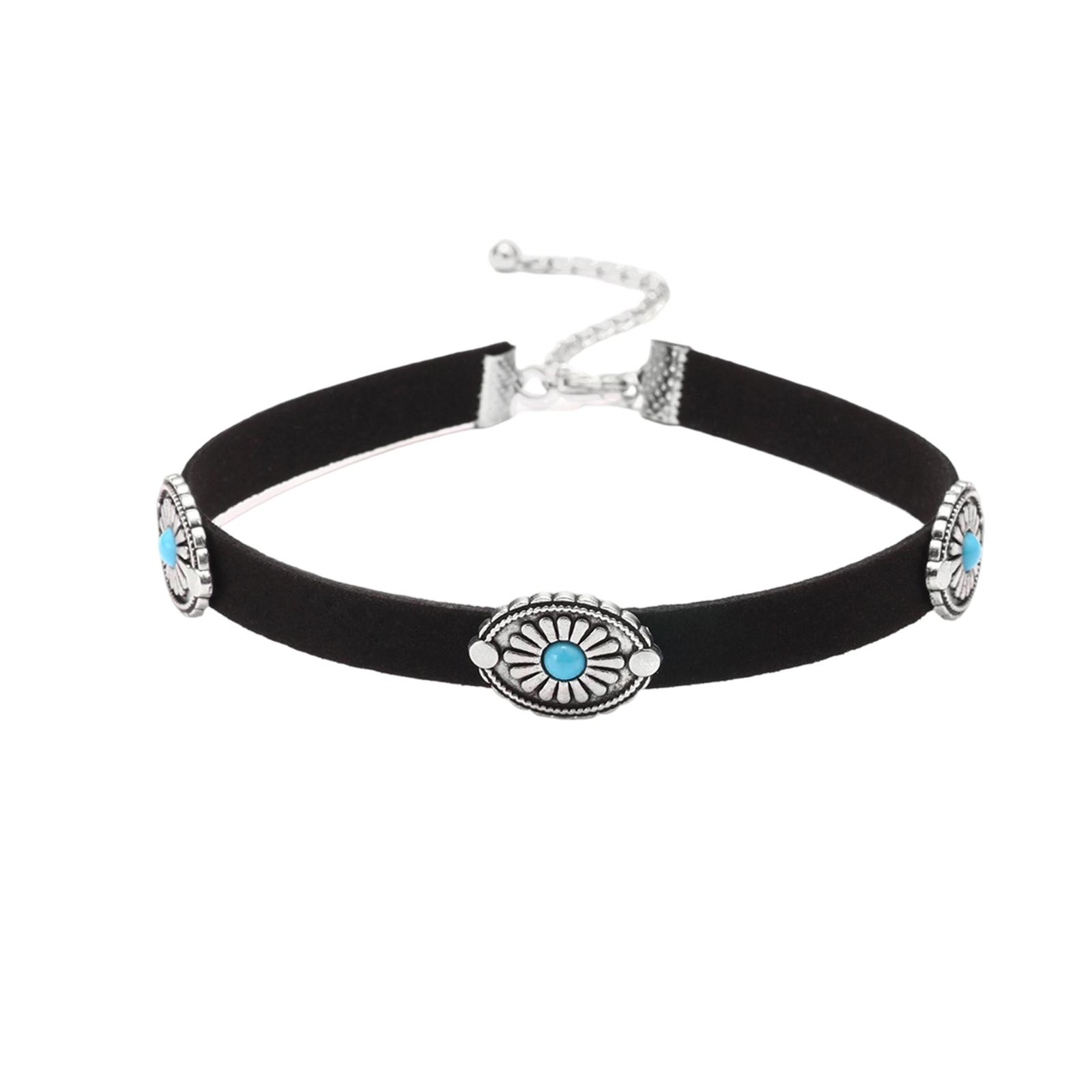 

Retro Necklace Metal Flower Disk Turquoise Korean Velvet Necklace Choker Bohemian Necklace Collar One Size