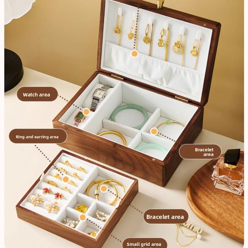 Elegant Walnut Wooden Double Layer Jewelry Box Portable Travel Organizer with Built-in Storage Compartments