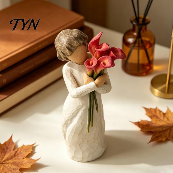Gift for Mothers Day Girl Holding Bouquet Resin Figurine, Faceless Lady Statue, Romantic Desktop Ornament Durable Craft Living Room Bedroom