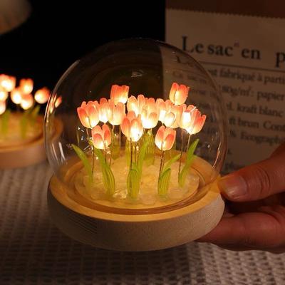 Künstliches Tulpen-Nachtlicht mit transparenter Abdeckung, handgefertigte DIY-Nachttischlampe, LED-Nachtlicht, Heimdekoration, Stimmungslicht