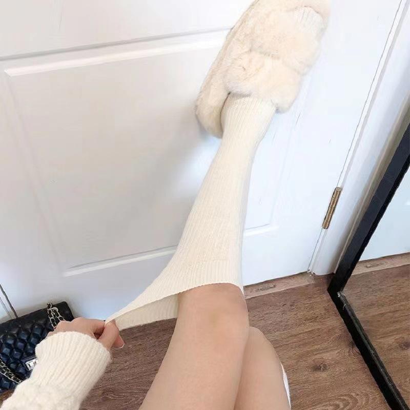 1Pair Autumn Winter Women Stockings Cotton Knitted Solid Color Calf Socks Warm Thigh High Stockings Ladies Girls Solid Knee Socks