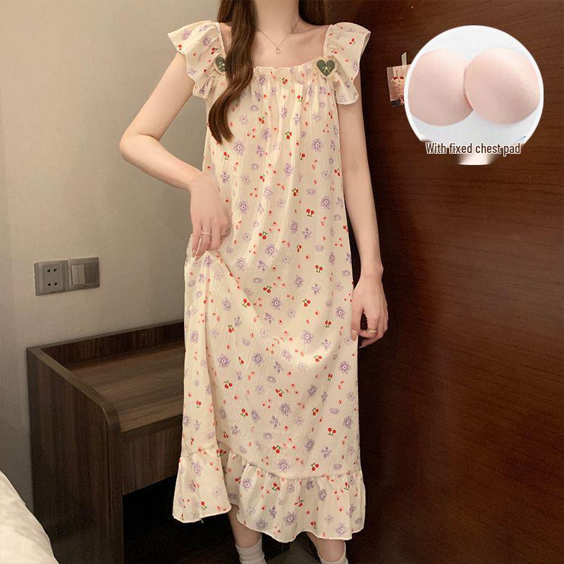 Women's Sweet Fairy Style Thin Cloud Cotton Camisole Nightgown with Built-in Bra for Indoor and Outdoor Wear