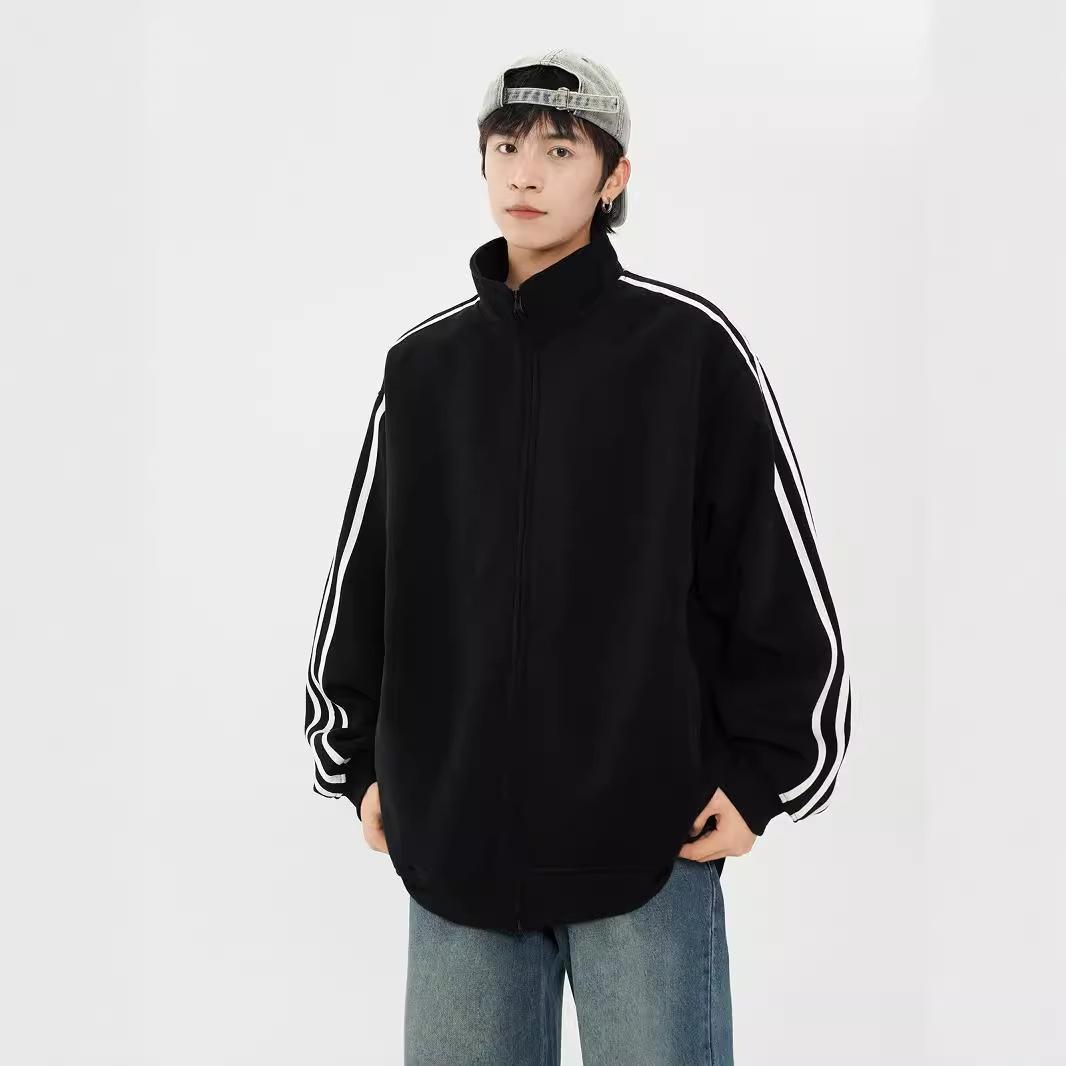 

Three Stripes Cardigan Sweatshirt Men s Autumn Striped Jacket Handsome Loose Couple Tops XXXL