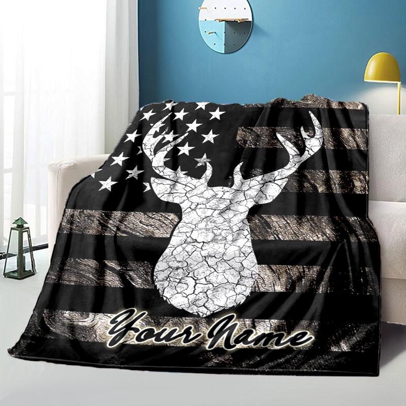 1PC Custom Name Deer Flag Art Flannel blankets Patterns Throw Blanket All-Season Soft Gift for Couch, Bed, Camping gifts
