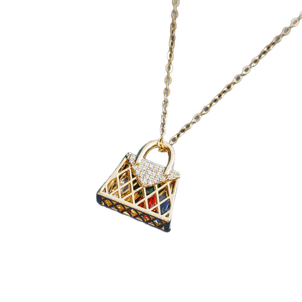 Titanium Steel 14K Gold-Plated Necklace with Multi-Color Zirconia Handbag Pendant