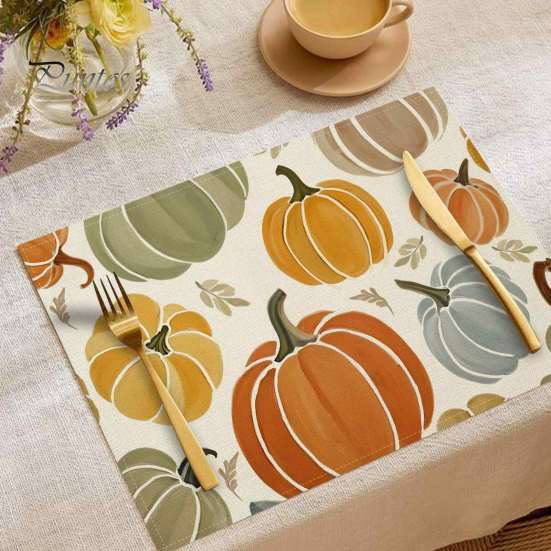 Durable Table Mats for Daily Use Pumpkin Autumn Leaves Placemat, Thanksgiving Linen Washable Heat Resistant Rustic Decorations Place Mat Dining