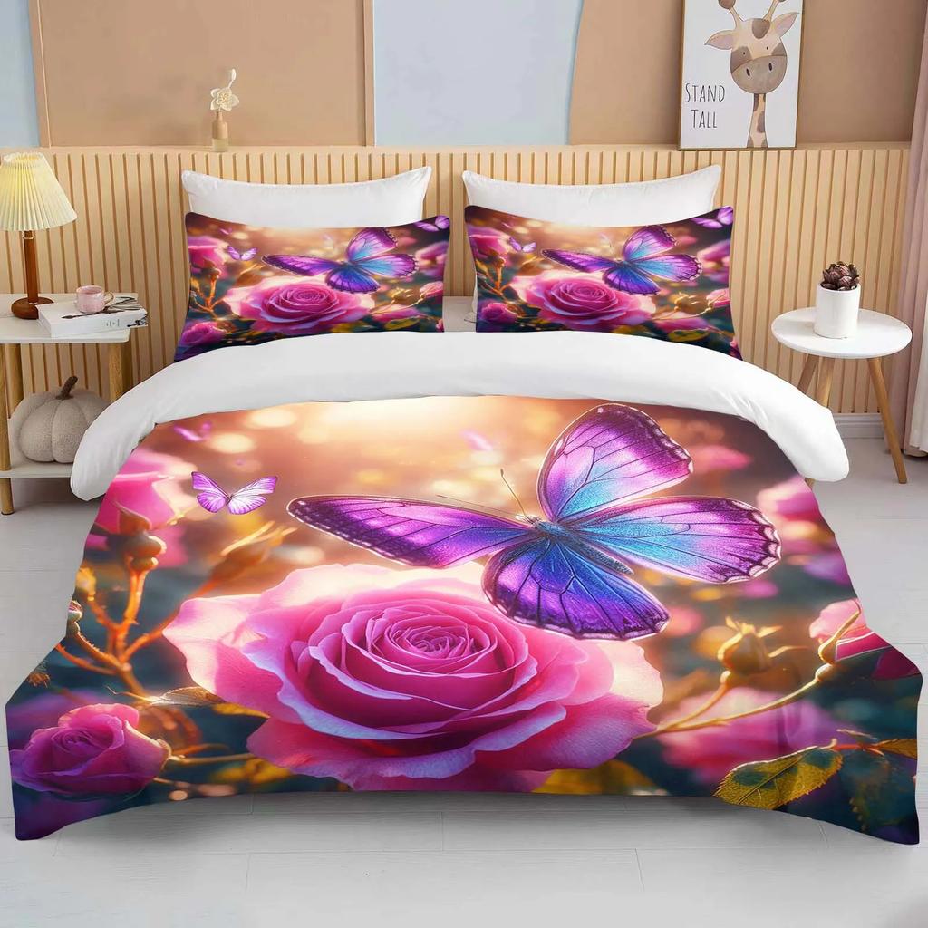 Neon Romantic Butterfly Roses Print Bedding Set Duvet Cover 1 Duvet Cover 2 Pillowcases Adult and Children Bedding Set Luxury