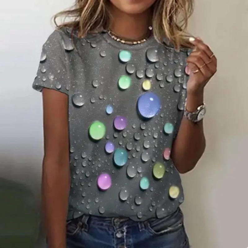Summer New Women's Loose Shirt, Water Drop Pattern Printing Round Neck Short Sleeves