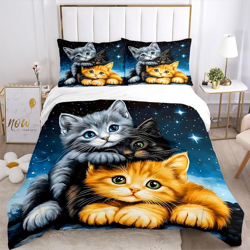 3pcs Three Cute Kittens Under a Starry Night Sky Pattern Bedding Three-Piece Set, This Printed Bedding Set Is Soft and Comfortable