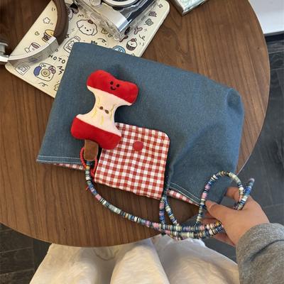New Large-capacity Denim Shoulder Portable Plaid Canvas Bag Versatile Commuter Retro Casual Tote Bag Women
