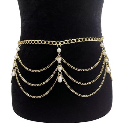 Personalized Vintage Pearl Waist Chain Female Spice Girl Metal Multilayer Wave Tassel Body Chain