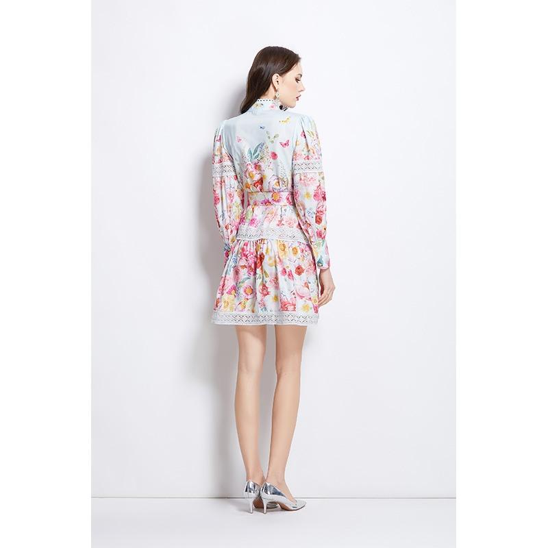 Summer Autumn Women Lantern Sleeve Vintage Print Lace Patchwork Holiday Beach Knee Length Dresses With Belt