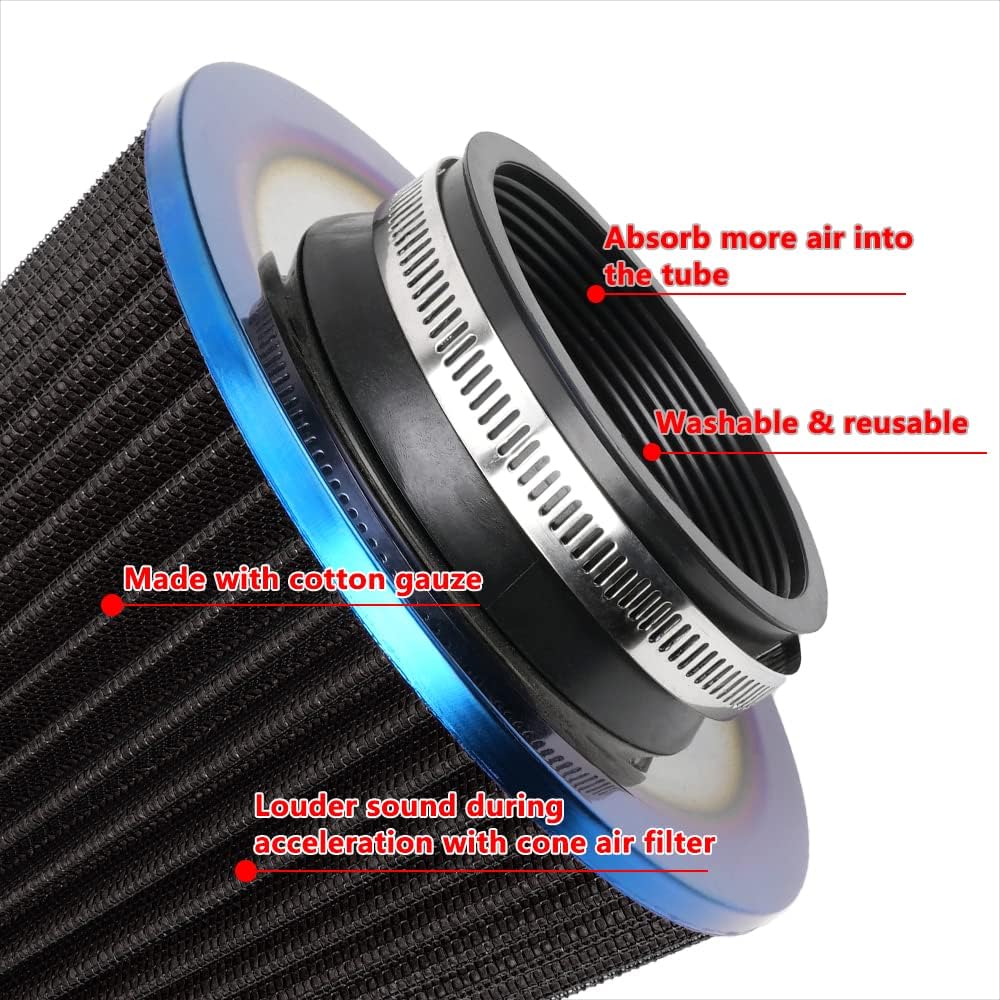 Cold Air Intake Filter, High Performance, Washable Filter, Clamp-On Replacement Air Filter, Flange Diameter 3Inch/76Mm Black