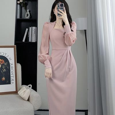 Spring Long-Sleeve French Waist-Cinching Designed Mid-Length Elegant Square Neck Slimming Casual Dress