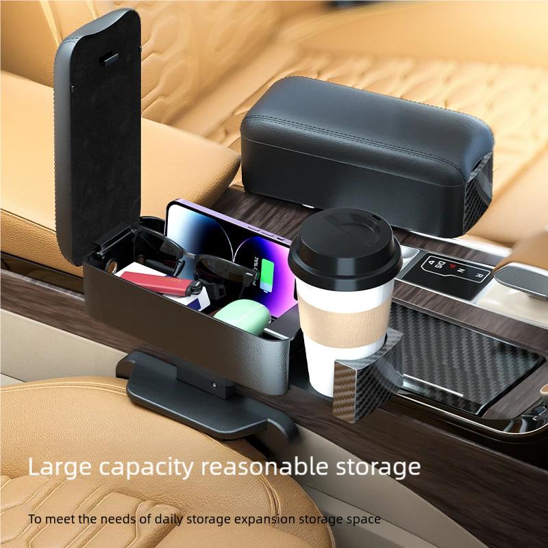 Dual Function Car Center Console Organizer with Quick Charge QC 3.0 Cup Holder Rear Seat Storage Tray Auto Vehicle Organizer