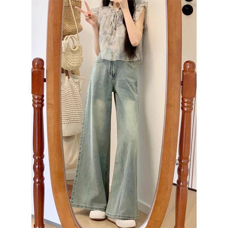 Petite Women's Retro High-Waisted Wide-Leg Flare Jeans - Summer Slimming Floor-Length