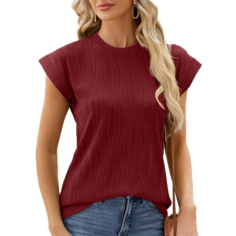 Women's Summer Solid Color Crew Neck Cover Shoulder Sleeve T-shirt Top Vest