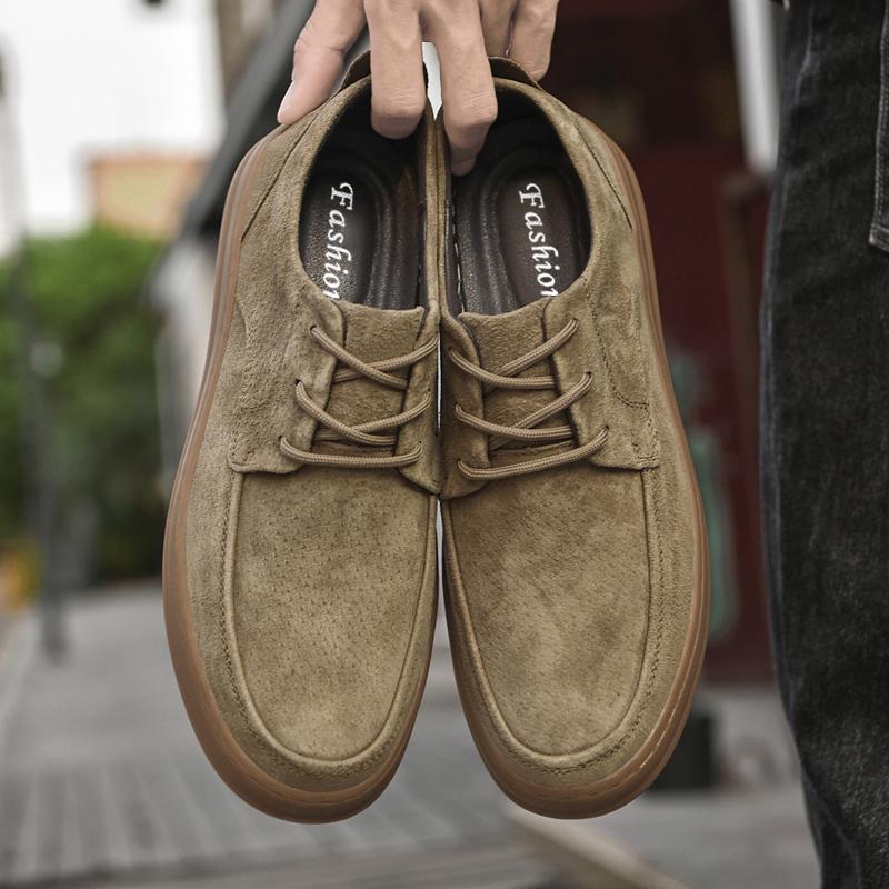 Fashion Men's Leather Shoes 38-45 Beige Suede Classic Lace-Up Design Brown Rubber Wear-Resistant Sole, Low-Top Daily Slim Fashion Style