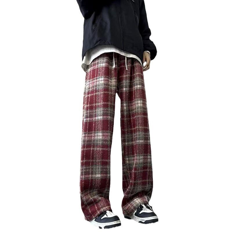 2024 Autumn/Winter Men's Trendy Plaid Woolen Loose Straight Trousers