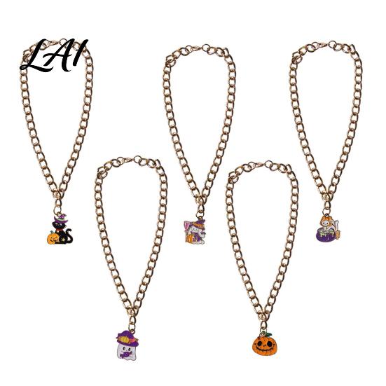 Halloween Themed Pet Accessories Chain Collar Metal Cat Collar with Witch Ghost Strong Necklace Pendant Festive Pumpkin Skull Charm for Cats