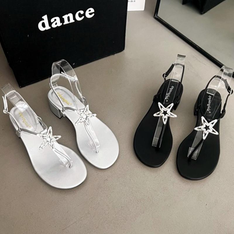Fashion Cute Heart Rhinestone Decoration Clip Toe Sandals Women Summer Fashion Wedge Chunk Square Heel Flat Sandals for Girls Beach Shoe