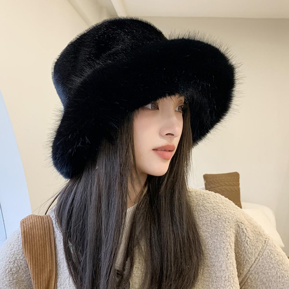 Fashion Big Faux Fur Fluffy Bucket Hat for Women Luxury Plush Winter Hat Thicken Snow Oversized Fur Bucket Hat Soft Panama Cap