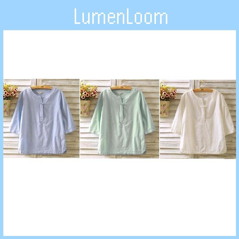 Elegant Women Vintage Cotton Linen Blouse With Flax Loose 3/4 Sleeve Tunic