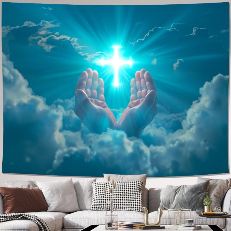 VIKAMA Christian Faith Cross Tapestry Hand of Heaven Wall Hanging Living Room Bedroom Spiritual Religion Home Decoration