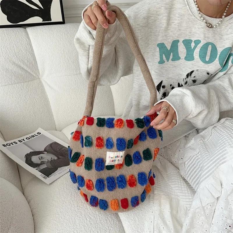 Color Plush Dots Women'S Bento Handbags Retro Design Female Fluffy Bucket Bags Large Capacity Shoulder Bag Purse Casual Tote