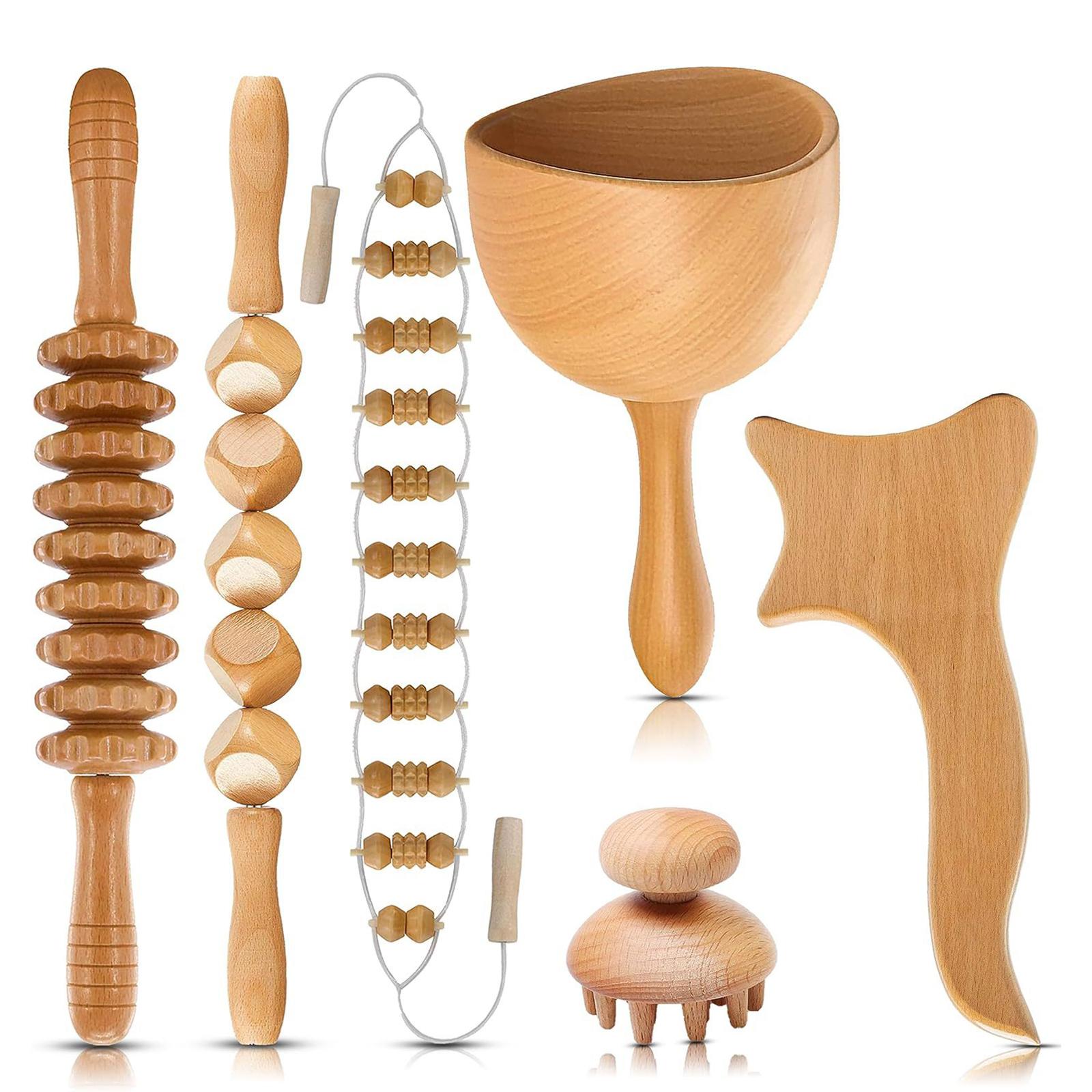 

Деревянный массажный набор, роликовая палочка для мышц, инструменты гуаша, лимфодренажный массажный стакан, массажер для головы жёлтый