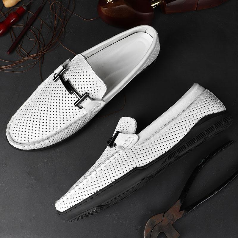 Herren Freizeitschuhe Luxusmarke Herren Slipper Sommer Echtes Leder Flache Fahrschuhe Mann Atmungsaktive Mokassins Ausgehöhlter Loafer