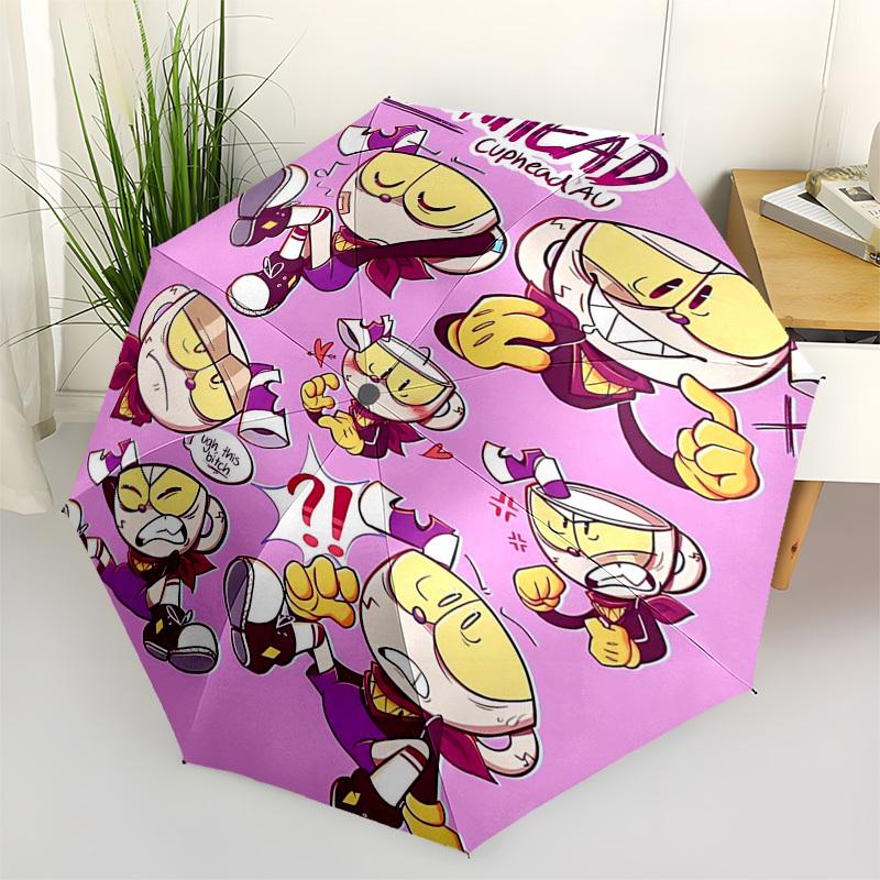 1pc Cuphead AU Outdoor Umbrella - Automatic Opening/Closing, Portable 3-Fold Design, 8-Bone Iron Frame, Perfect Gift for Fans, Travelers, Daily Use.B0