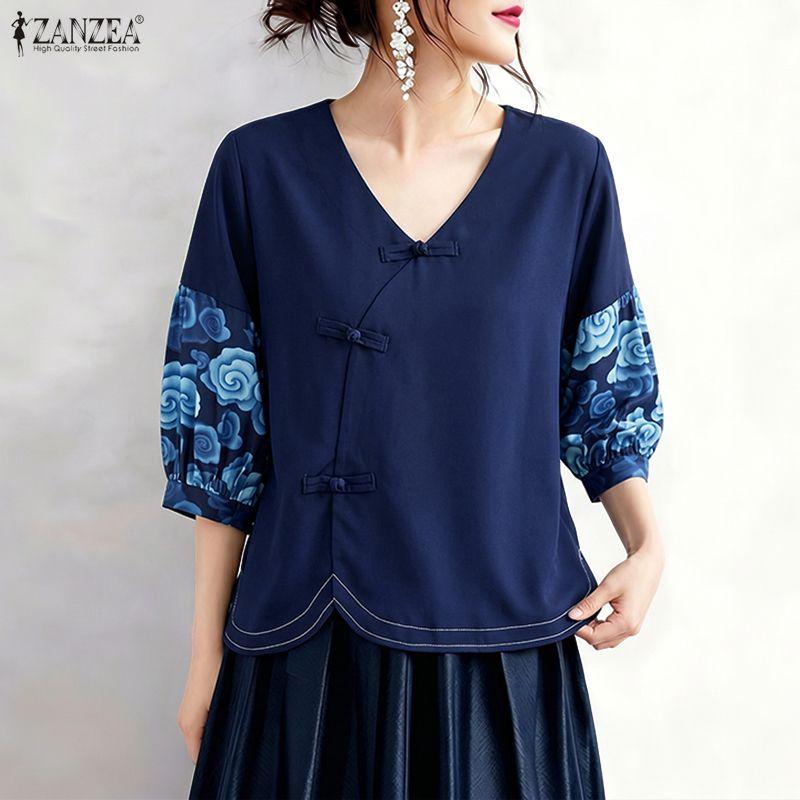 ZANZEA Women Casual Round Neck Floral Print Short Sleeve Loose Blouse S