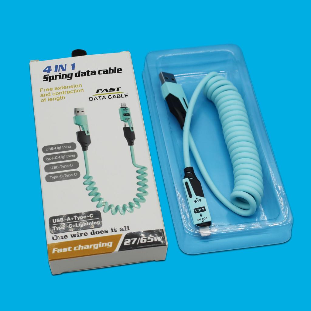 65W Spring Retractable 4-in-1 Charging Cable for iPhone 16 & Huawei Phones