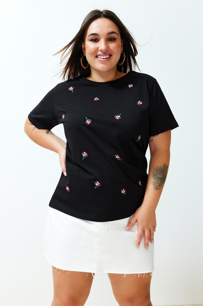 Women's Fashion Plus Size T-Shirt Crew Neck Short Orange Slit and Ruffle Detailed Boyfriend Knitted T-shirt