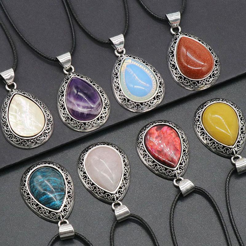 Oval Gemstone Necklace for Women Oval Pendant Semi-precious Stones Jewelry Gift for Wife Necklaces for Mom Drop Alloy Pendant