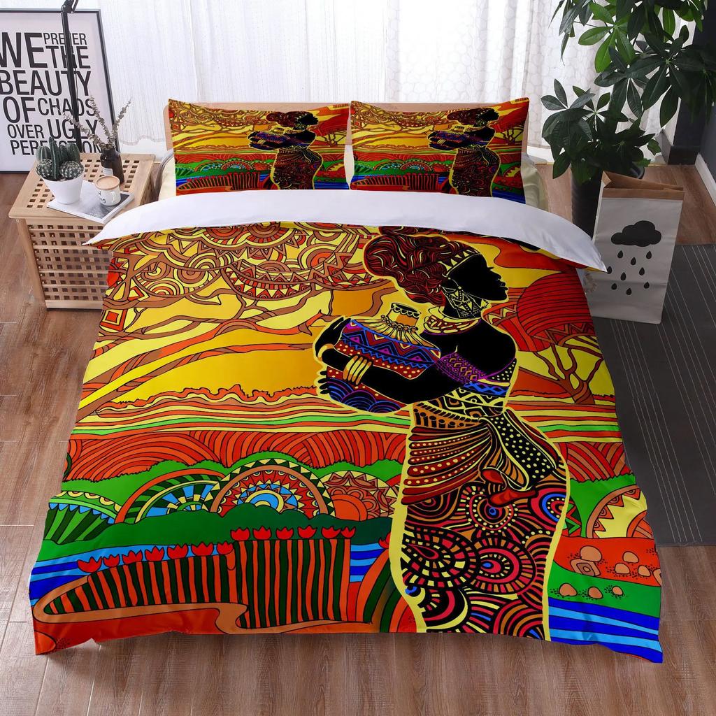 Afrikansk kvinna Sängklädesset Etnisk Afro Påslakan Mikrofiber Afroamerikansk Täcke Set 3 Delar Orange Forntida Öken Full