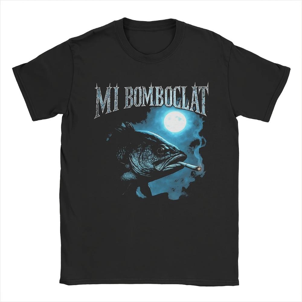 

Men s Funny Bomboclat Fish Meme Graphic T-Shirt Black Pure Cotton Short Sleeve Casual Shirt with Bold White Blue Fish Print 5XL різнокольоровий