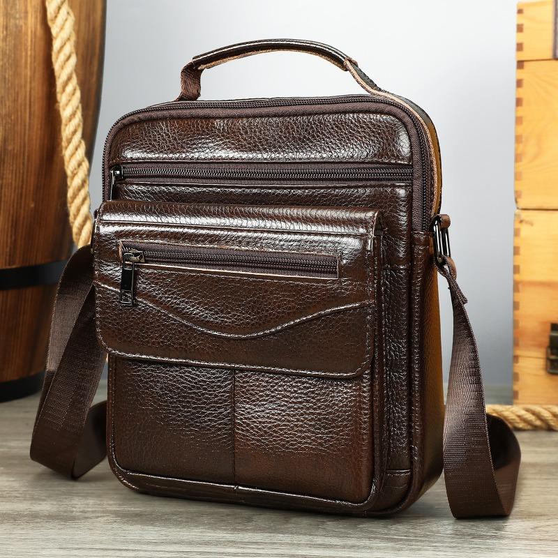 

Мужская сумка из натуральной кожи Простая и повседневная Вместительная сумка на одно плечо Сумка через плечо кофейный