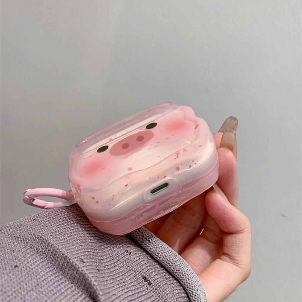 Cute Piggy Hair Powder Blusher Earphone Case For Apple Airpods 1 2 3 4 Pro Pro2 Plush Lanyard Case
