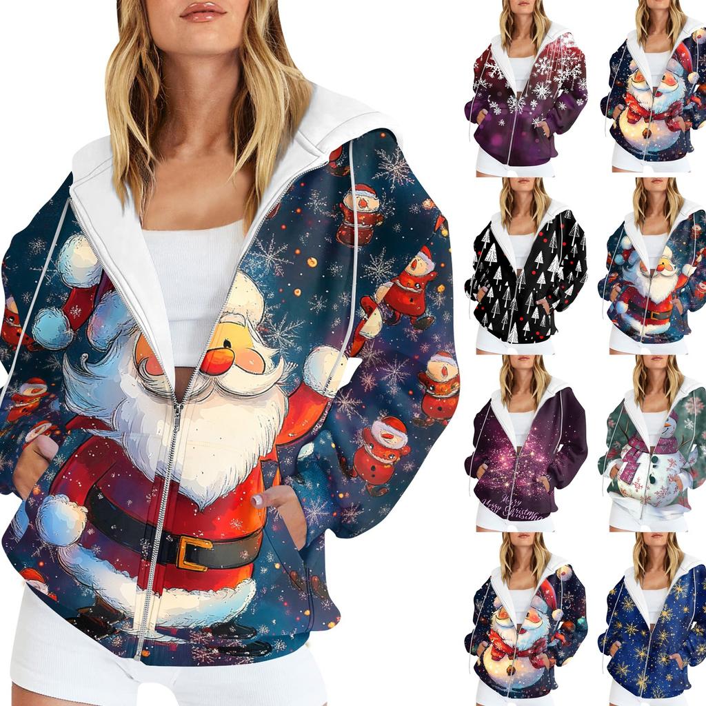 Ladies Fashion Casual Christmas Print Sweatshirt Autumn Winter Long Sleeve Cardigan Jacket With Pocket Zipper Hoodie Jacket