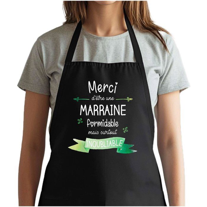 Tablier de cuisine - Merci Marraine Inoubliable - Noir - Coton résistant - Impression DTG France