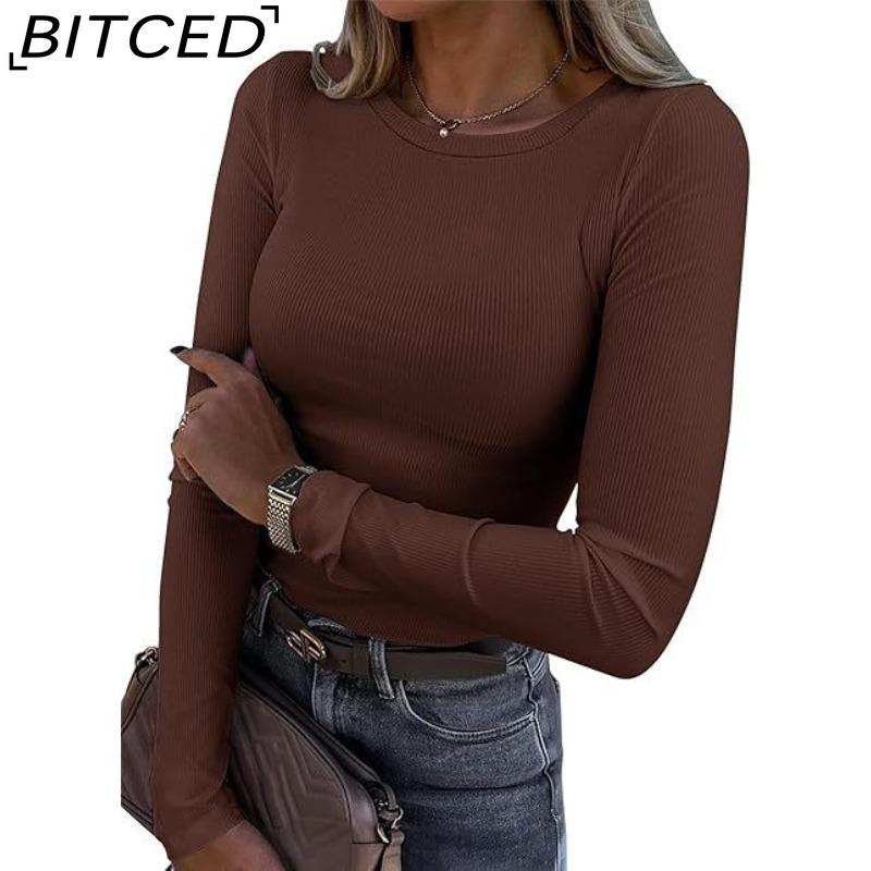 BITCED Women's Long-Sleeved Stretch O-Neck Ribbed T-Shirt Fitted Casual Basic Top