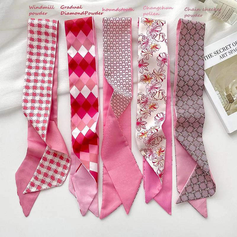 5 stuks/set Serie Zijde Satijn Sjaal Dames Stof Haarbanden Hoofddeksel Accessoires Dames Sjaals Lint Nekbanden voor Handvat Tas pink