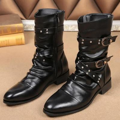 Autunno Inverno Classico retrò alta qualità pelle nera UOMO stivaletti da motociclista stile punk rock con borchie e cinturino con fibbia