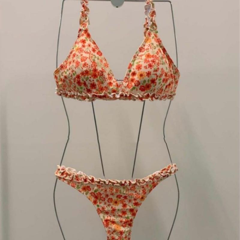 Swimsuit female sexy backless small breasts gathered fungus lace pure wind floral split triangular bikini M
